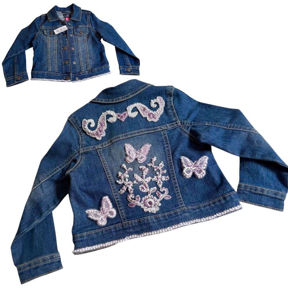 Childrens Place DENIM JACKET Girls 4T Butterfly Beaded Pearl Pink Blue Jean Coat